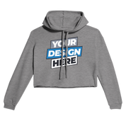 Gray cropped hoodie with customizable "Your Design Here" text, featuring a raw hem and fleece interior for contemporary streetwear style.