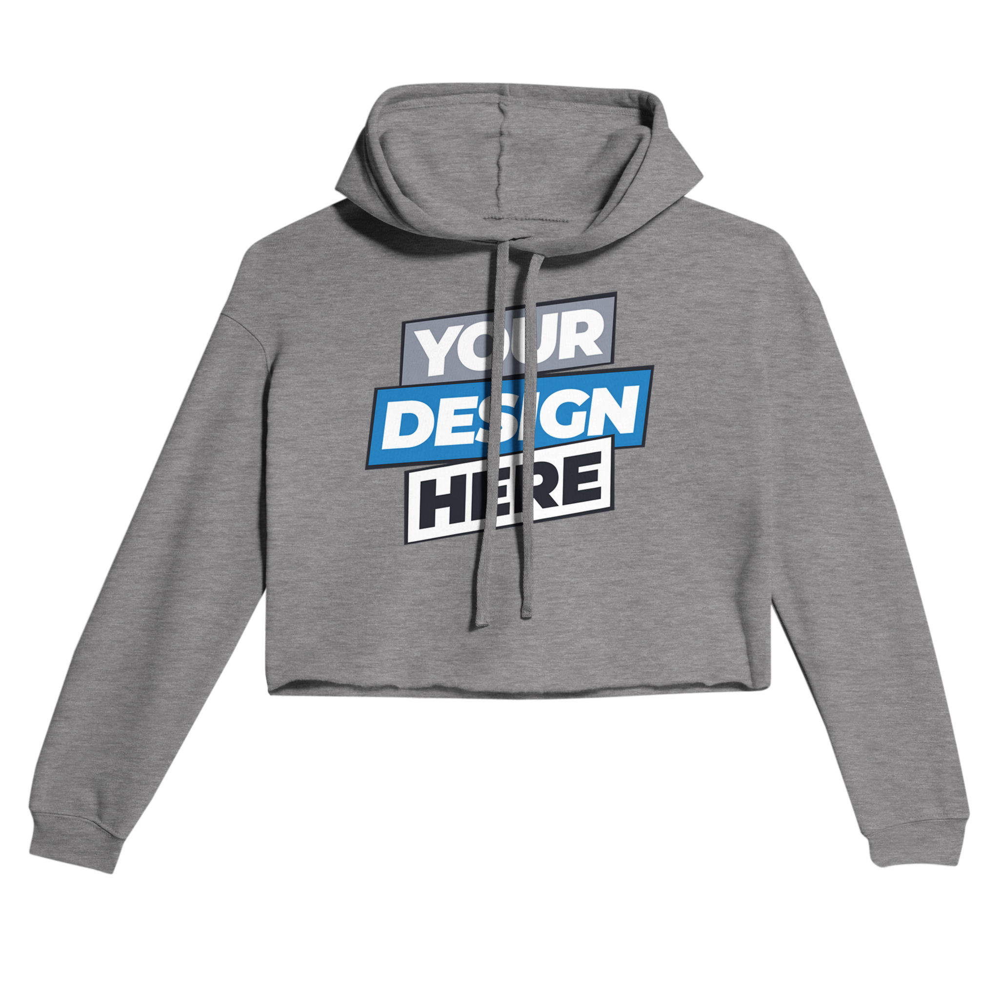 Gray cropped hoodie with customizable "Your Design Here" text, featuring a raw hem and fleece interior for contemporary streetwear style.