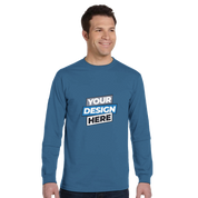Man wearing blue organic unisex long-sleeve t-shirt, Econscious EC1500, labeled 'Your Design Here', eco-friendly fashion.