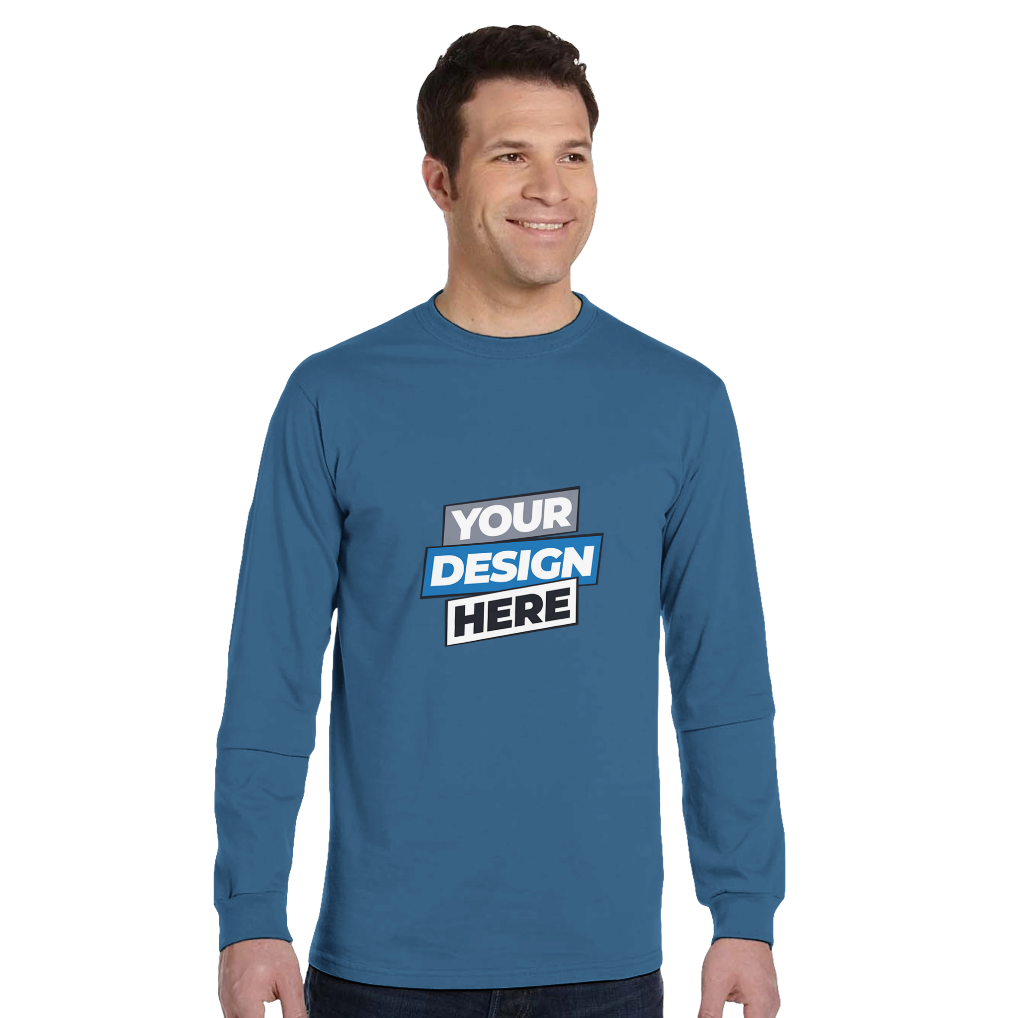 Man wearing blue organic unisex long-sleeve t-shirt, Econscious EC1500, labeled 'Your Design Here', eco-friendly fashion.