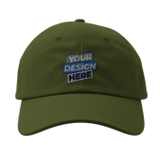 Olive green fitted baseball cap, Flexfit 6277, featuring a customizable front design, curved visor, and athletic shape.