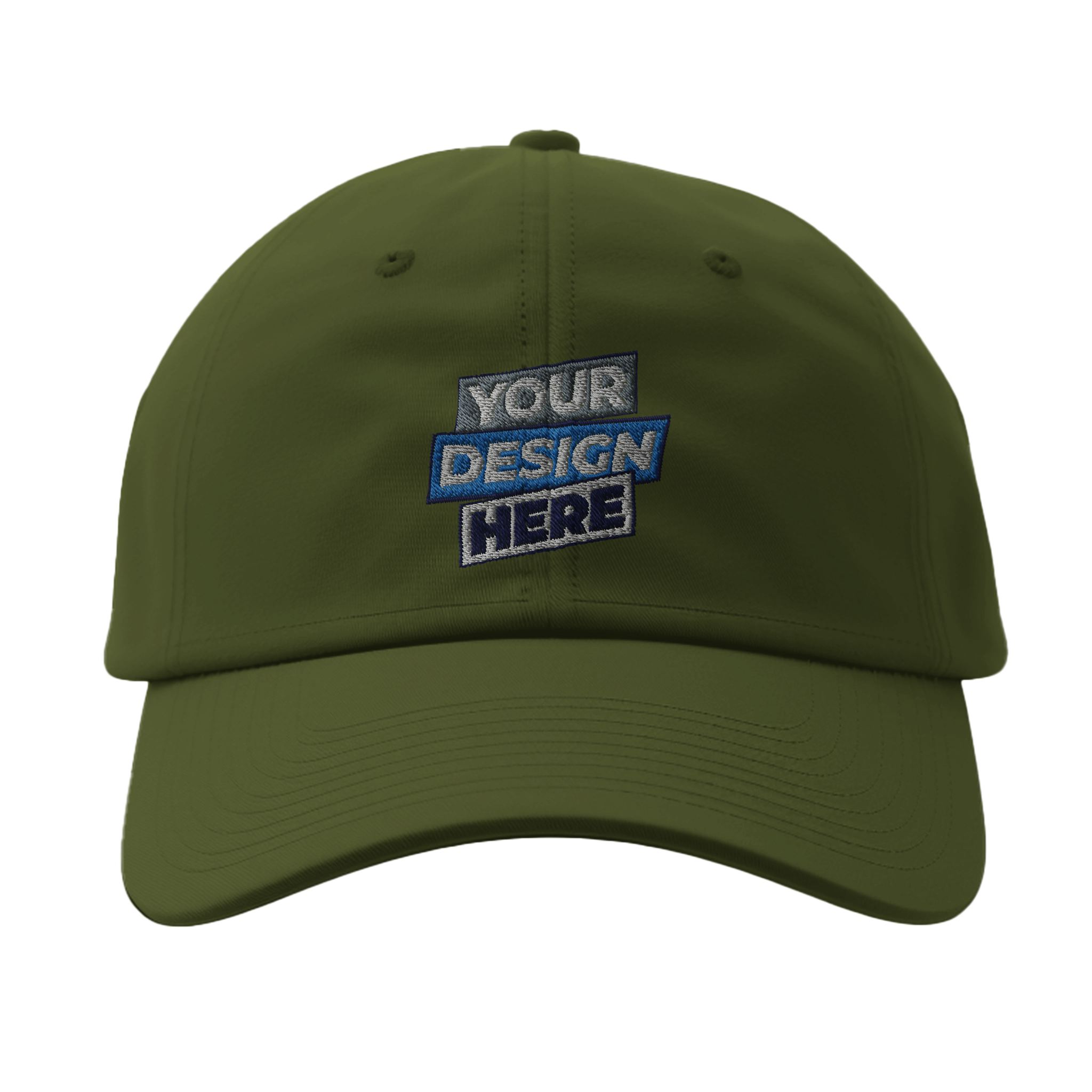 Olive green fitted baseball cap, Flexfit 6277, featuring a customizable front design, curved visor, and athletic shape.