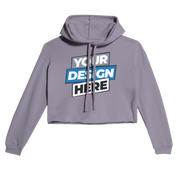 Elowen cropped hoodie with raw hem, featuring customizable front design and cozy fleece fabric, ideal for contemporary streetwear looks.