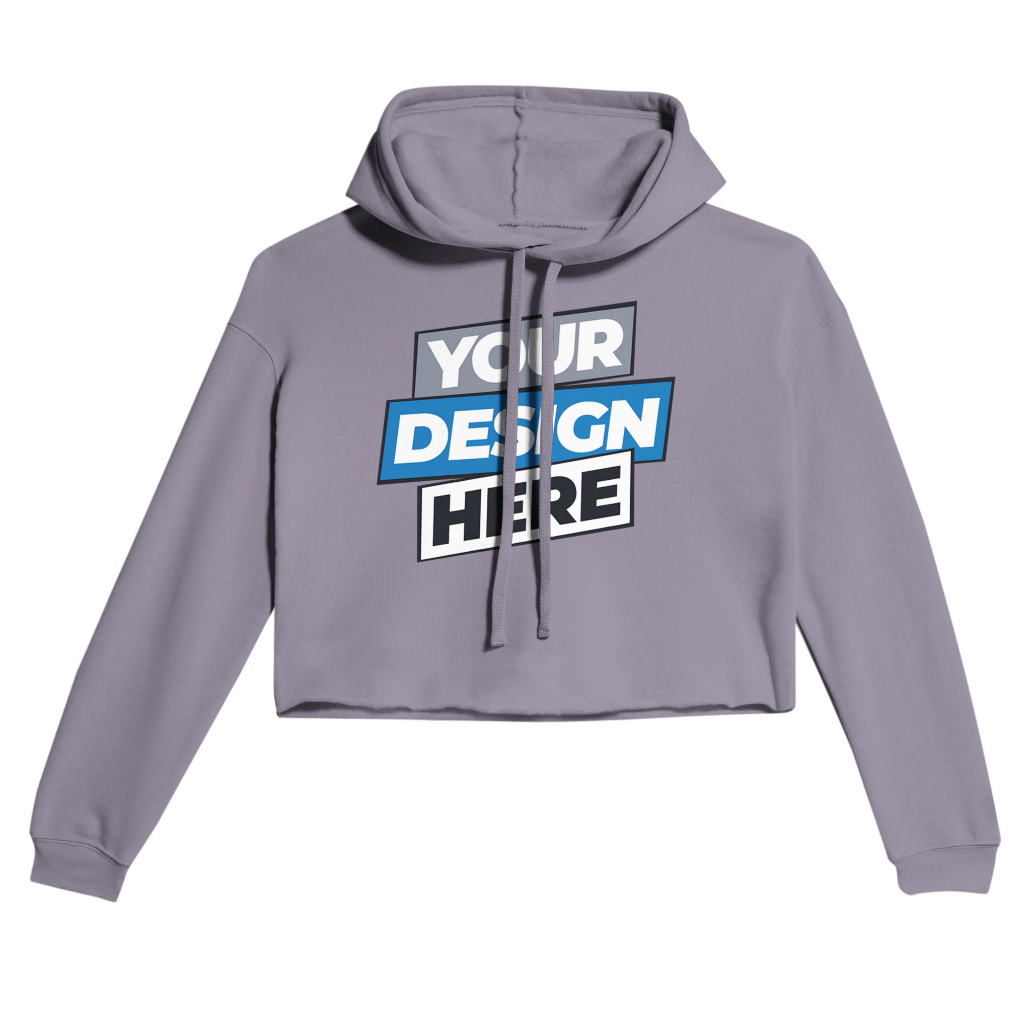 Elowen cropped hoodie with raw hem, featuring customizable front design and cozy fleece fabric, ideal for contemporary streetwear looks.