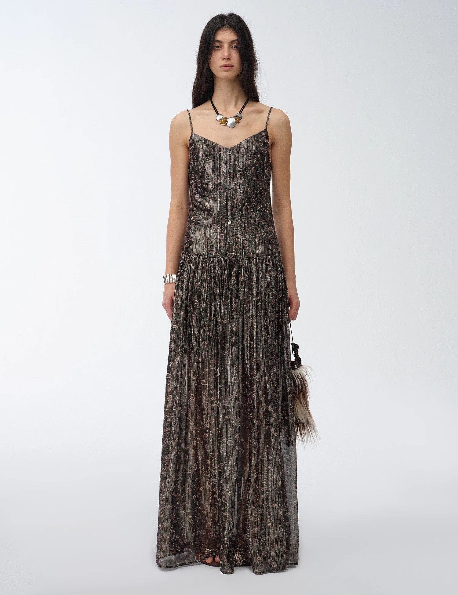 Golden Veil Silk Paisley Dress with delicate paisley print, crafted from mulberry silk, featuring subtle gold embellishments.