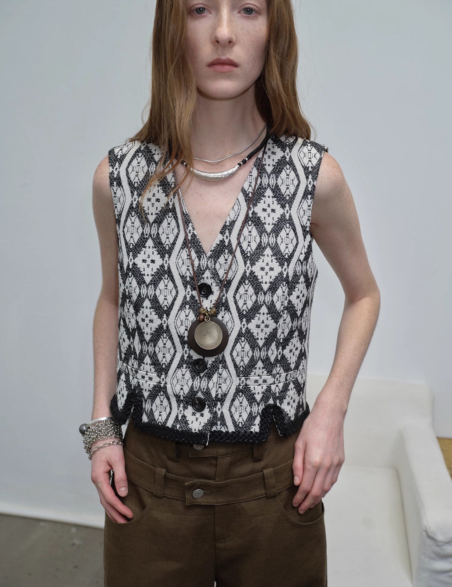 Velgrana Jacquard Heritage Vest featuring ethnic-inspired pattern, combining Italian tradition with modern silhouette. V-neck style.