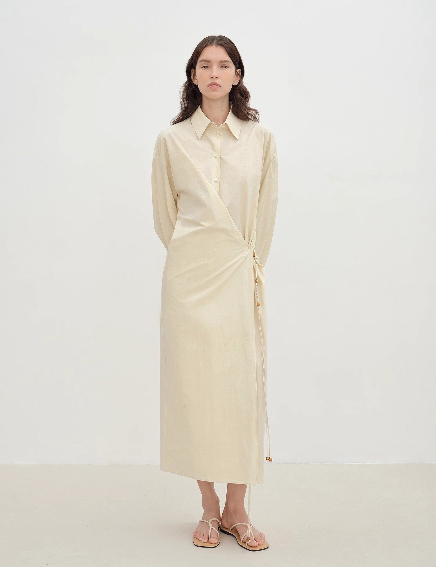 Whisper Wrap Cotton Shirt Dress with lapel collar and cross-placket, featuring a cocoon silhouette for casual or upscale elegance.