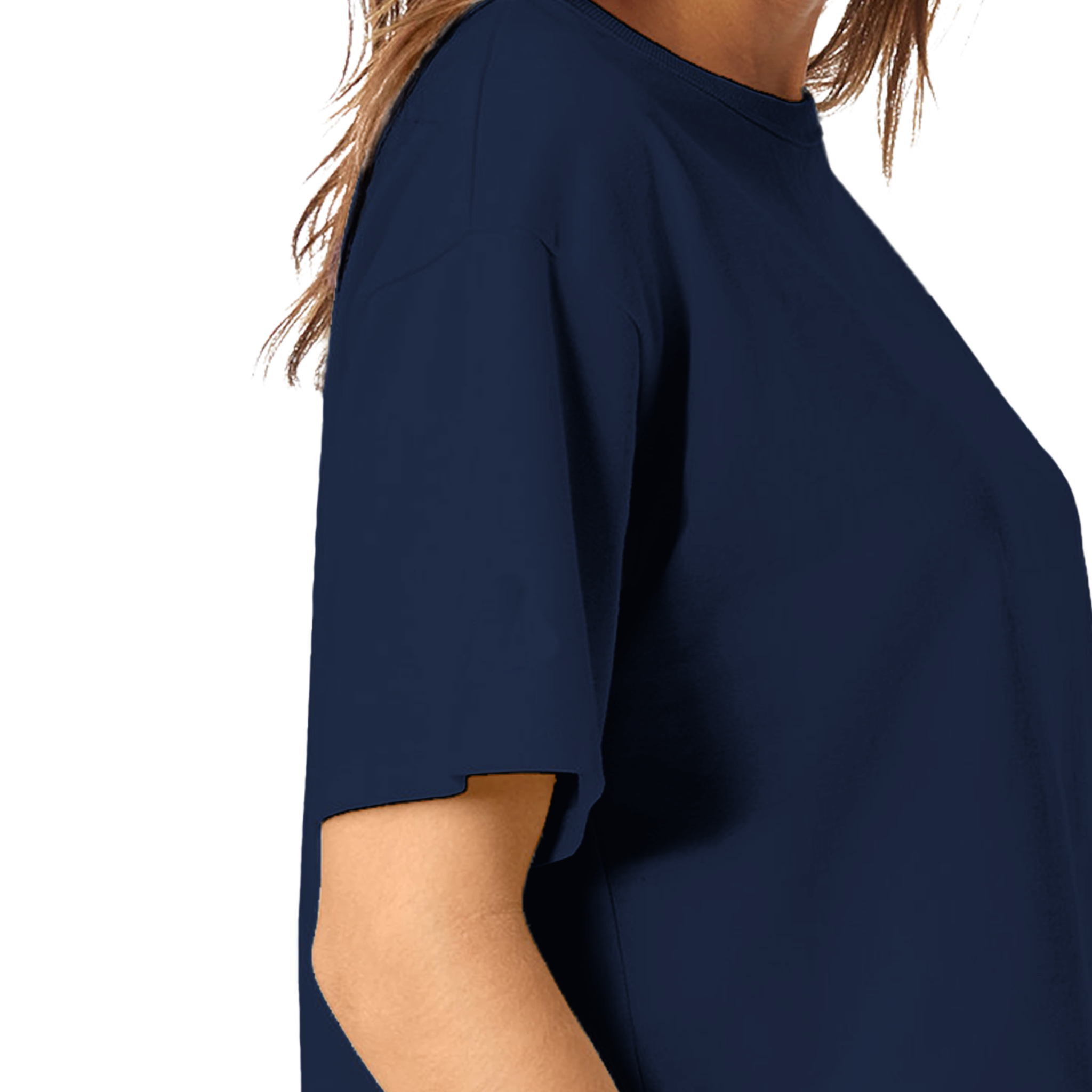 Woman wearing navy Virelle Cropped Cotton Tee with relaxed fit and ribbed collar, ideal for casual streetwear style.