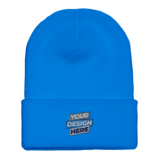 Blue Henthor cuffed beanie for print on demand with customizable design area, made from hypoallergenic acrylic knit for warmth and comfort.