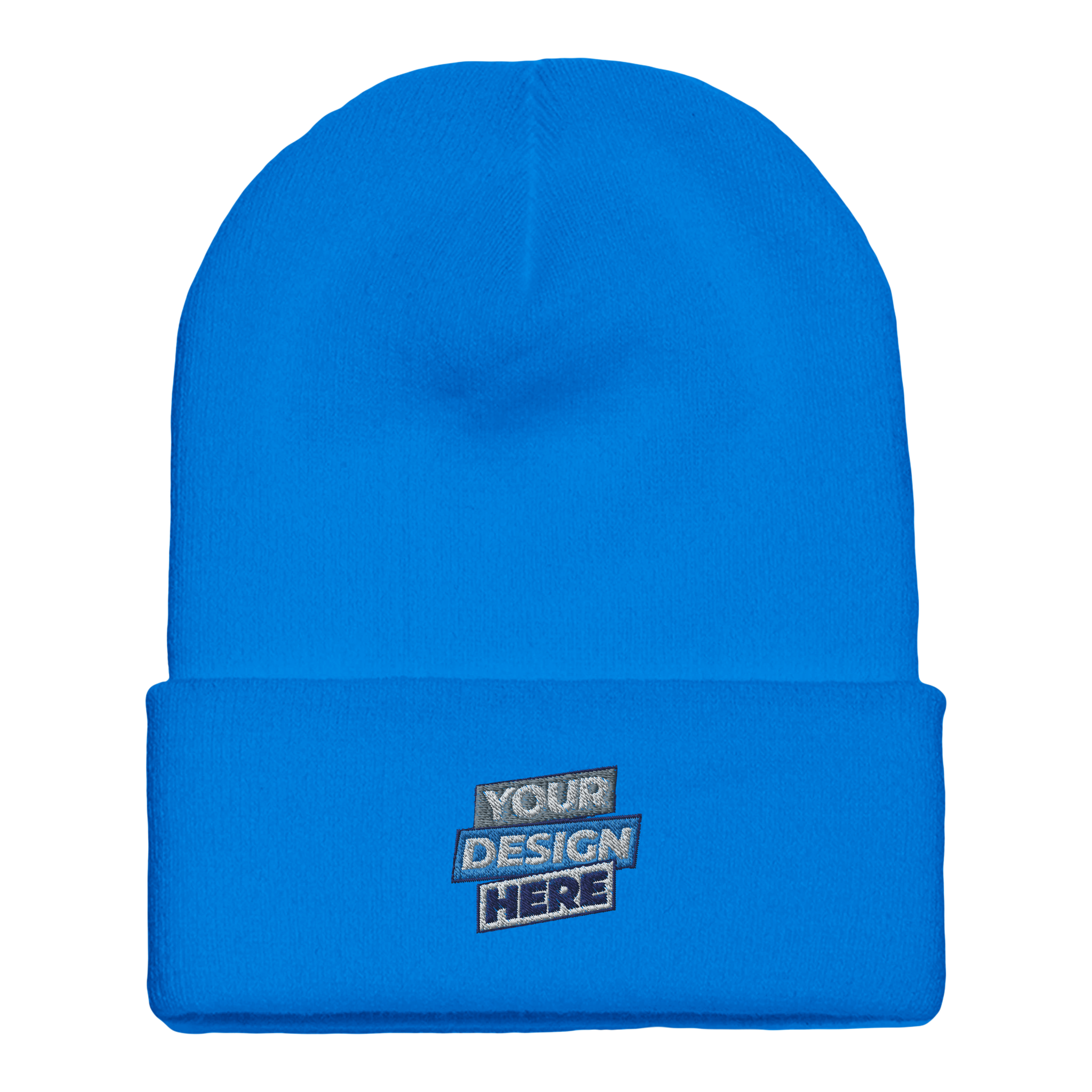 Blue Henthor cuffed beanie for print on demand with customizable design area, made from hypoallergenic acrylic knit for warmth and comfort.