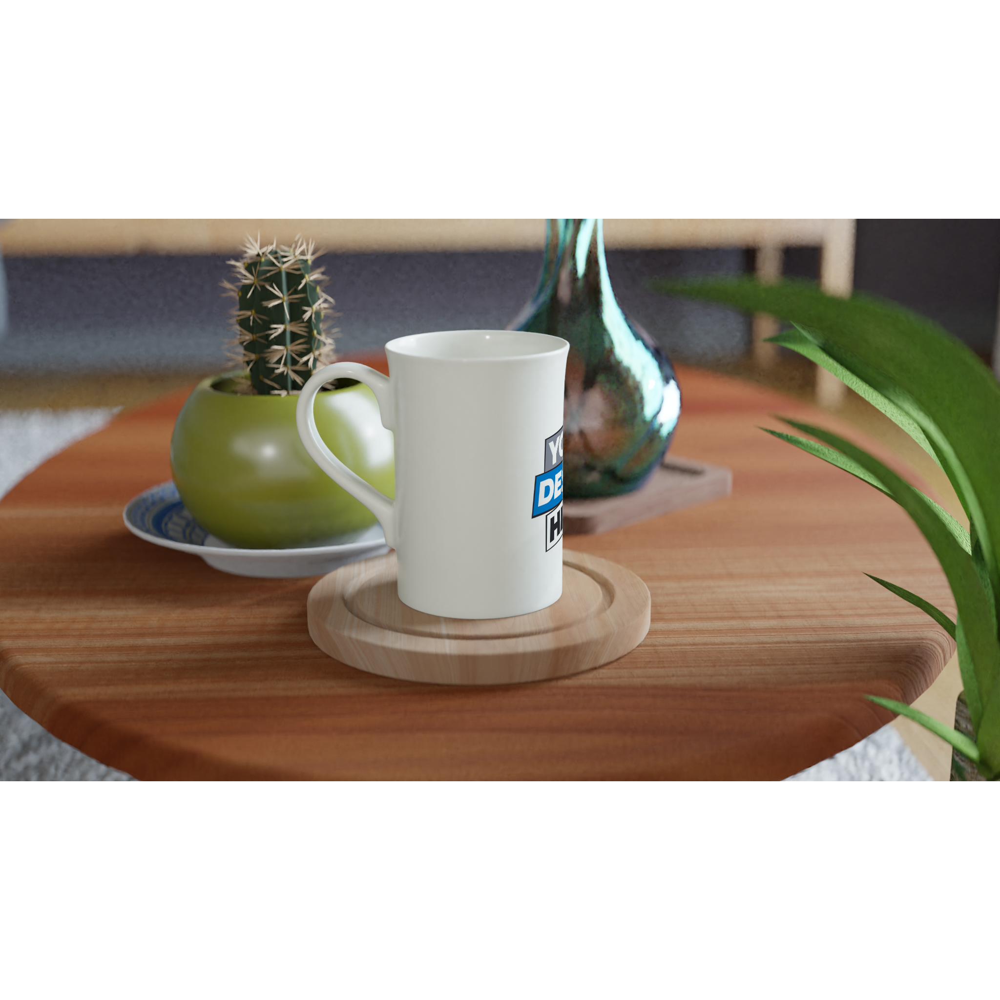 Print on demand slim white porcelain mug 10oz on a wooden table with plants, perfect for daily coffee or hot chocolate.