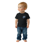 Toddler wearing a black Leoni Cotton Baby Tee with customizable design, showcasing comfort and style for everyday wear and play.