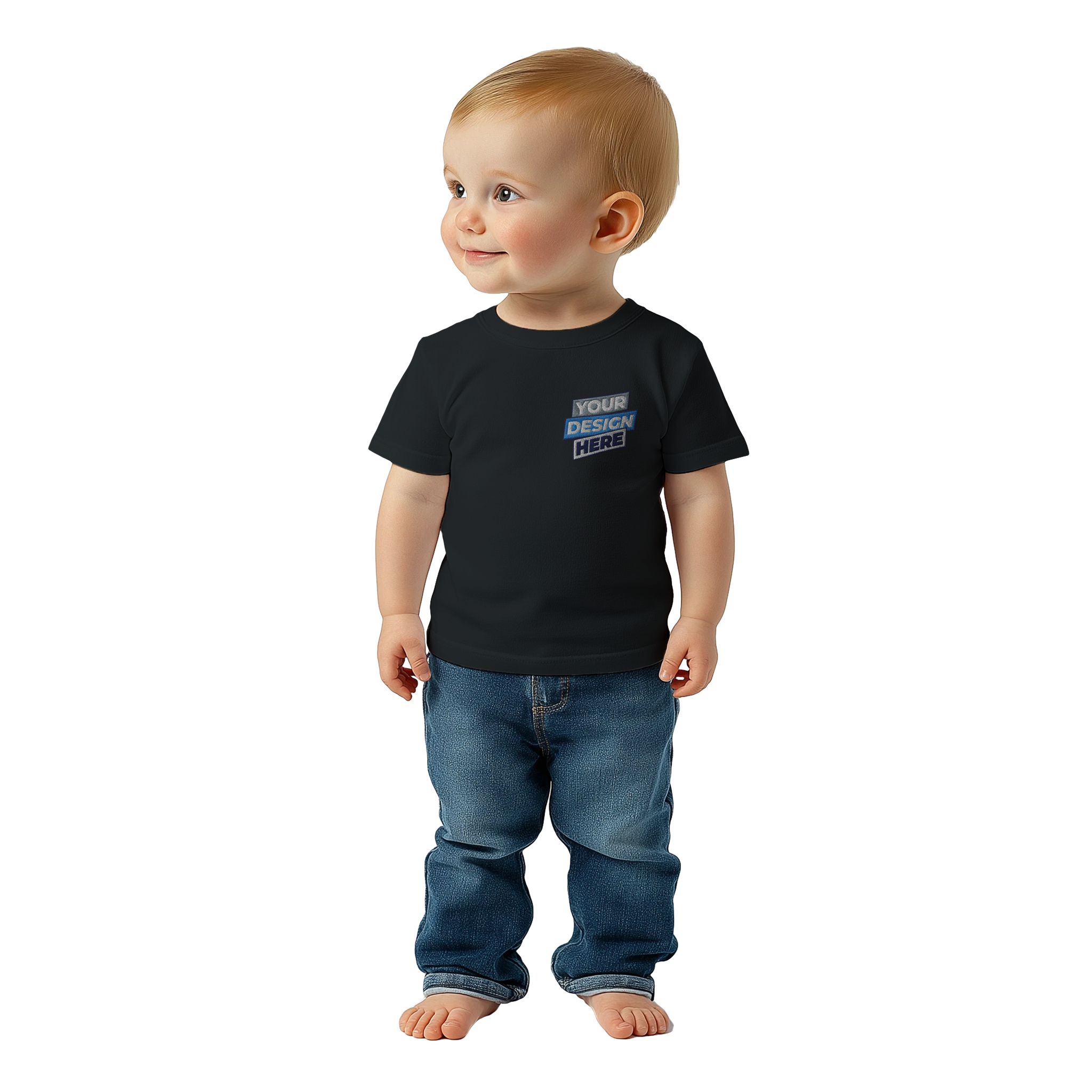 Toddler wearing a black Leoni Cotton Baby Tee with customizable design, showcasing comfort and style for everyday wear and play.