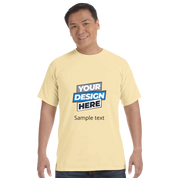 Man wearing custom print on demand Durmor heavyweight t-shirt in cream, showcasing your design here logo, front view.