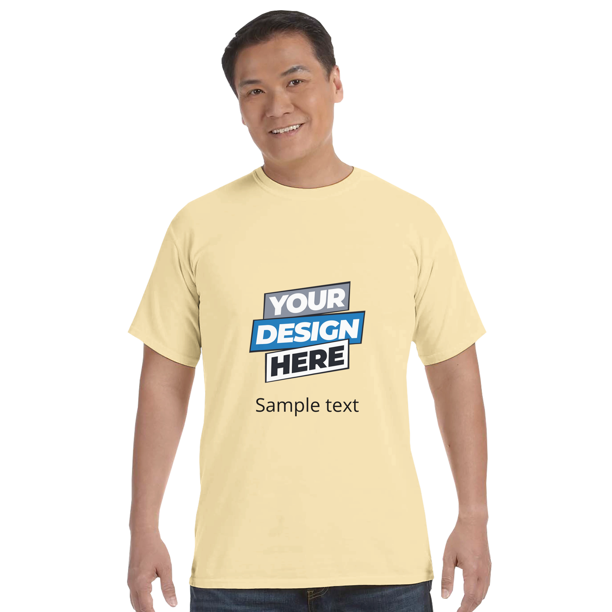 Man wearing custom print on demand Durmor heavyweight t-shirt in cream, showcasing your design here logo, front view.