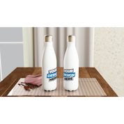 Two white 17oz stainless steel water bottles with custom design space on table, featuring a sleek design and leak-proof caps.