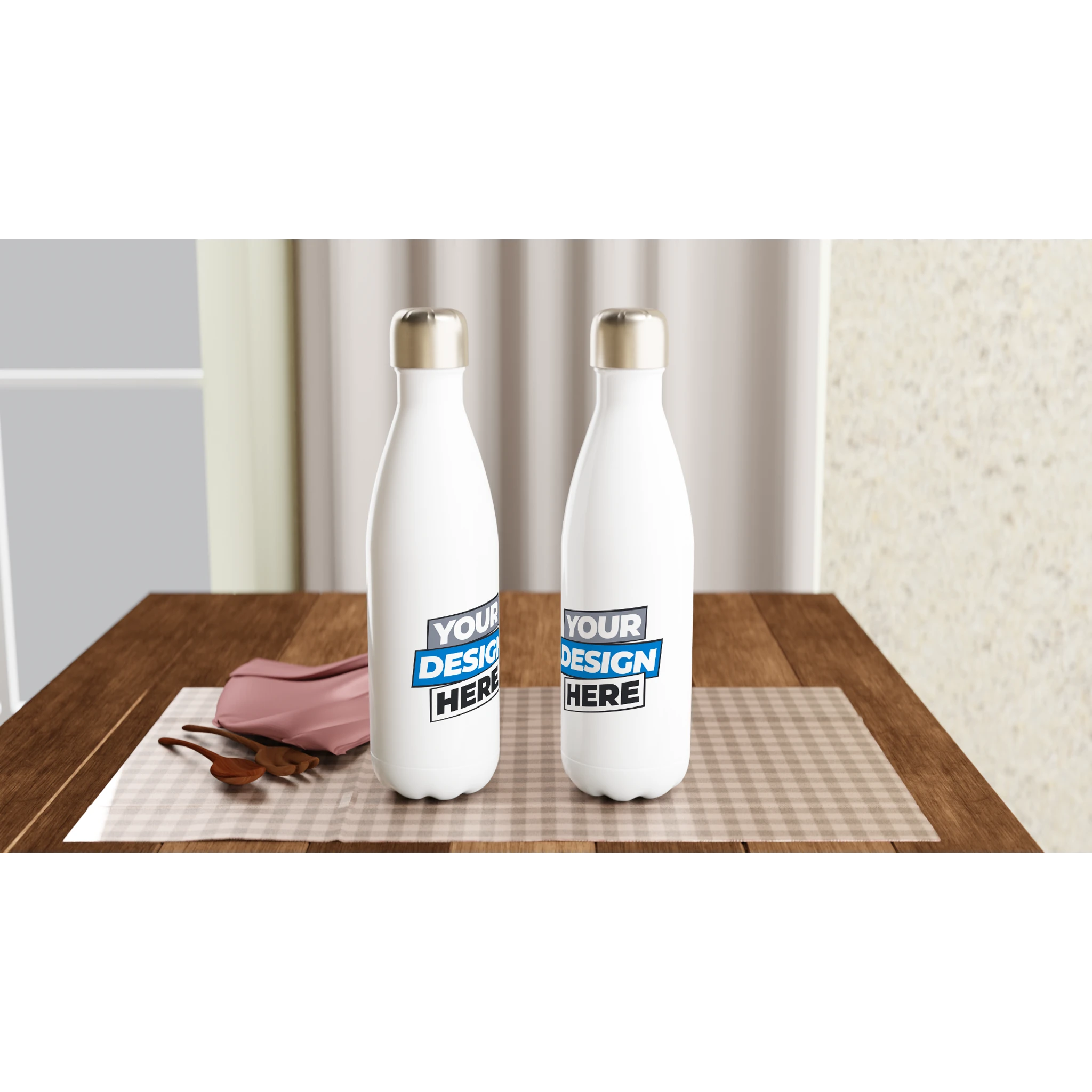 Two white 17oz stainless steel water bottles with custom design space on table, featuring a sleek design and leak-proof caps.