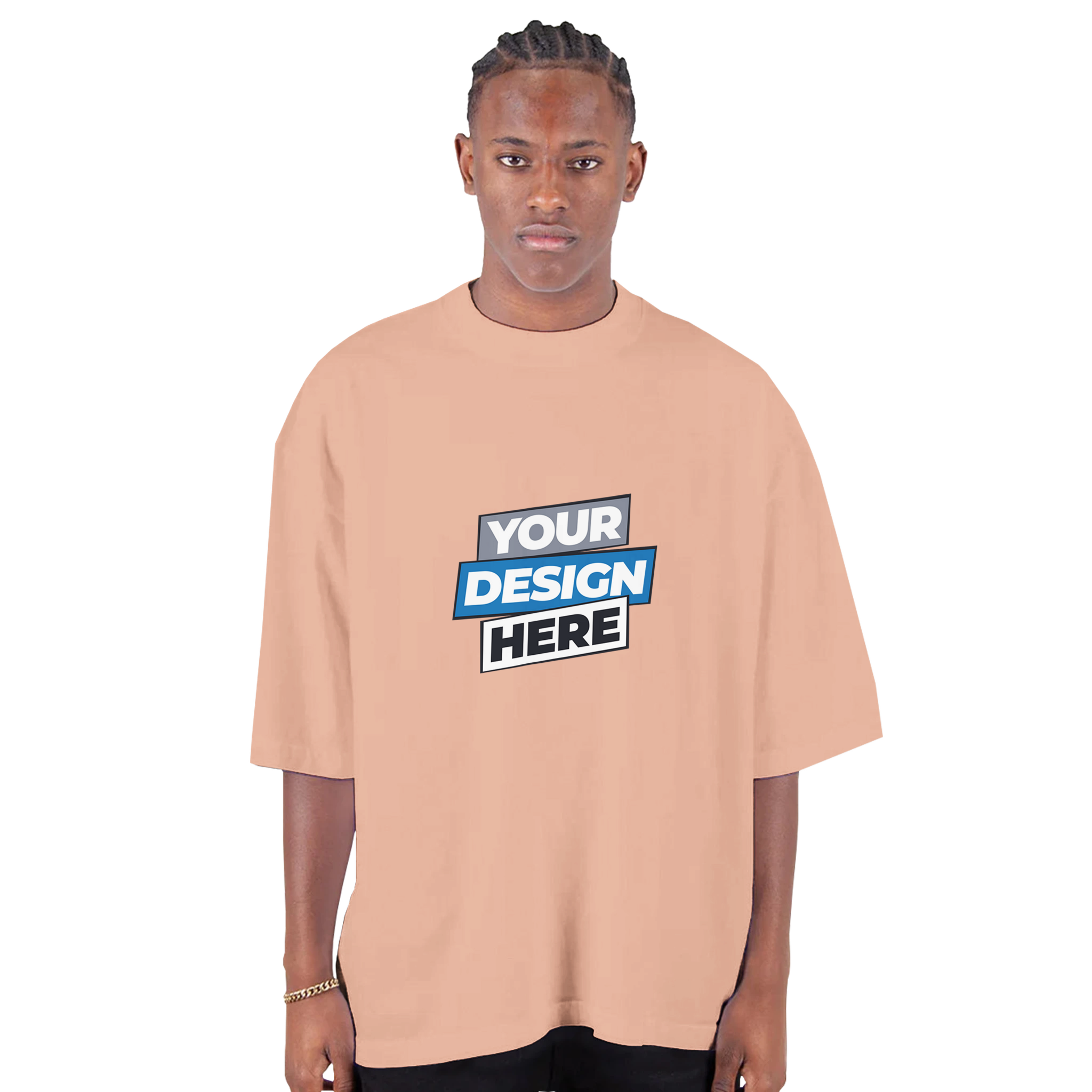 Men's oversized drop-shoulder crewneck t-shirt featuring "Your Design Here," showcasing streetwear style and relaxed fit.