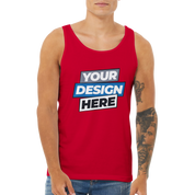 Unisex red cotton tank top featuring customizable "Your Design Here" print, ideal for layering, made from soft combed cotton.