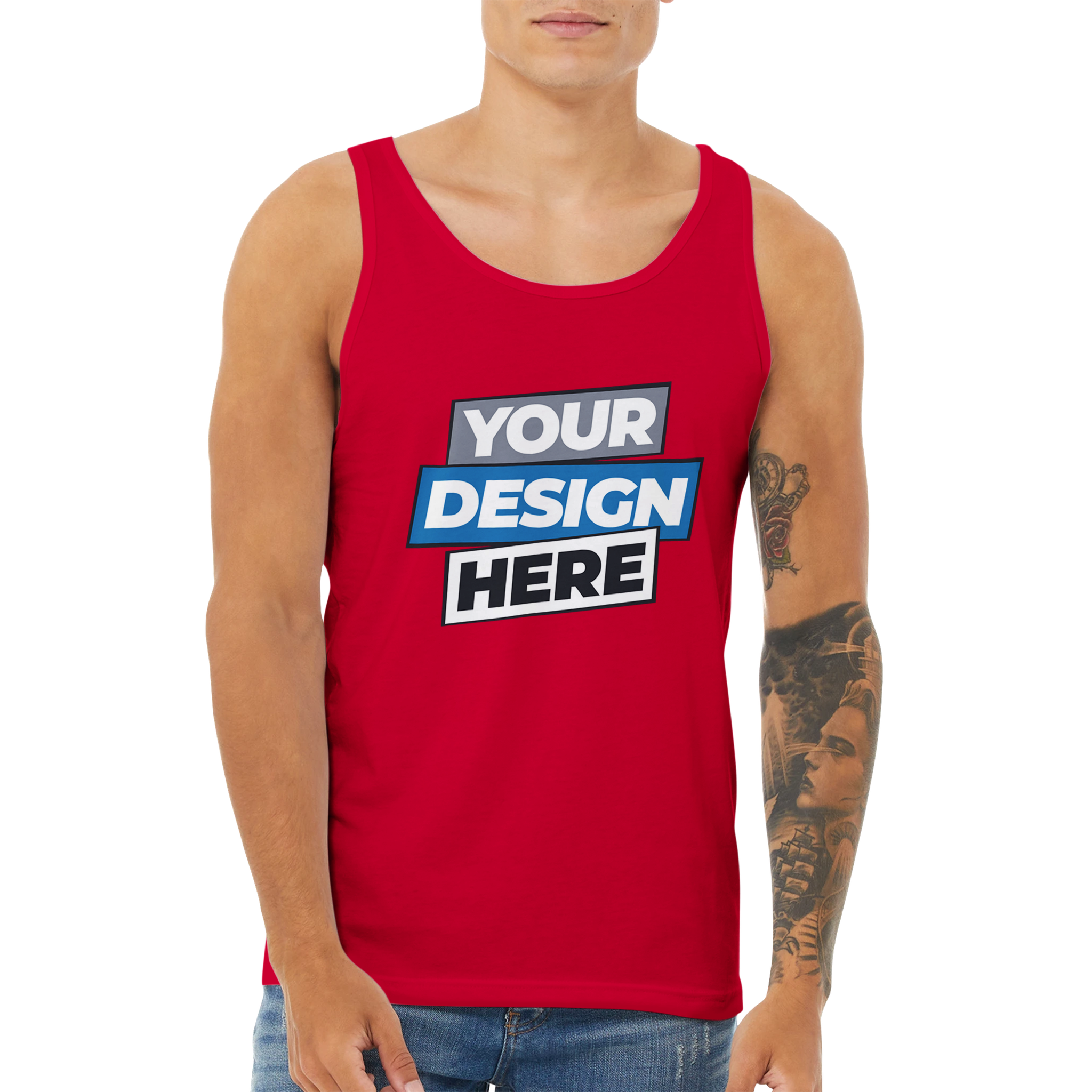 Unisex red cotton tank top featuring customizable "Your Design Here" print, ideal for layering, made from soft combed cotton.