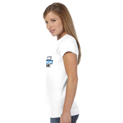 Side view of a woman wearing a white Zalmera women's cotton t-shirt with customizable print area, highlighting the semi-fitted design.