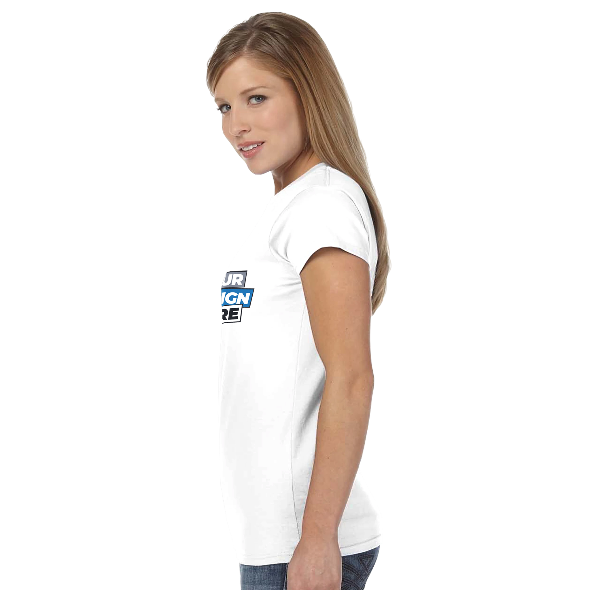 Side view of a woman wearing a white Zalmera women's cotton t-shirt with customizable print area, highlighting the semi-fitted design.