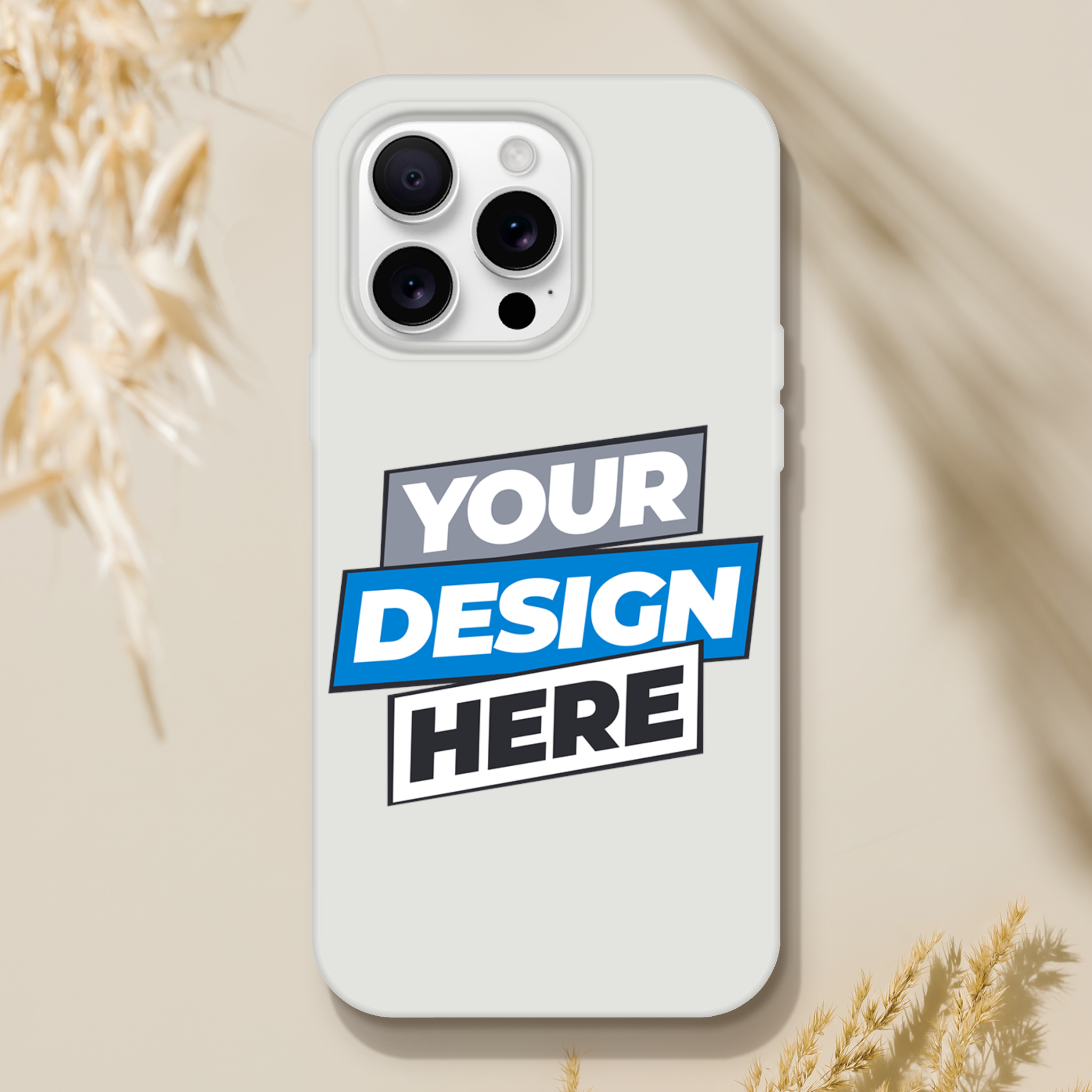 Customizable Flexi Case with 'Your Design Here' graphic, transparent and impact-resistant with precise cutouts, suitable for modern phones.