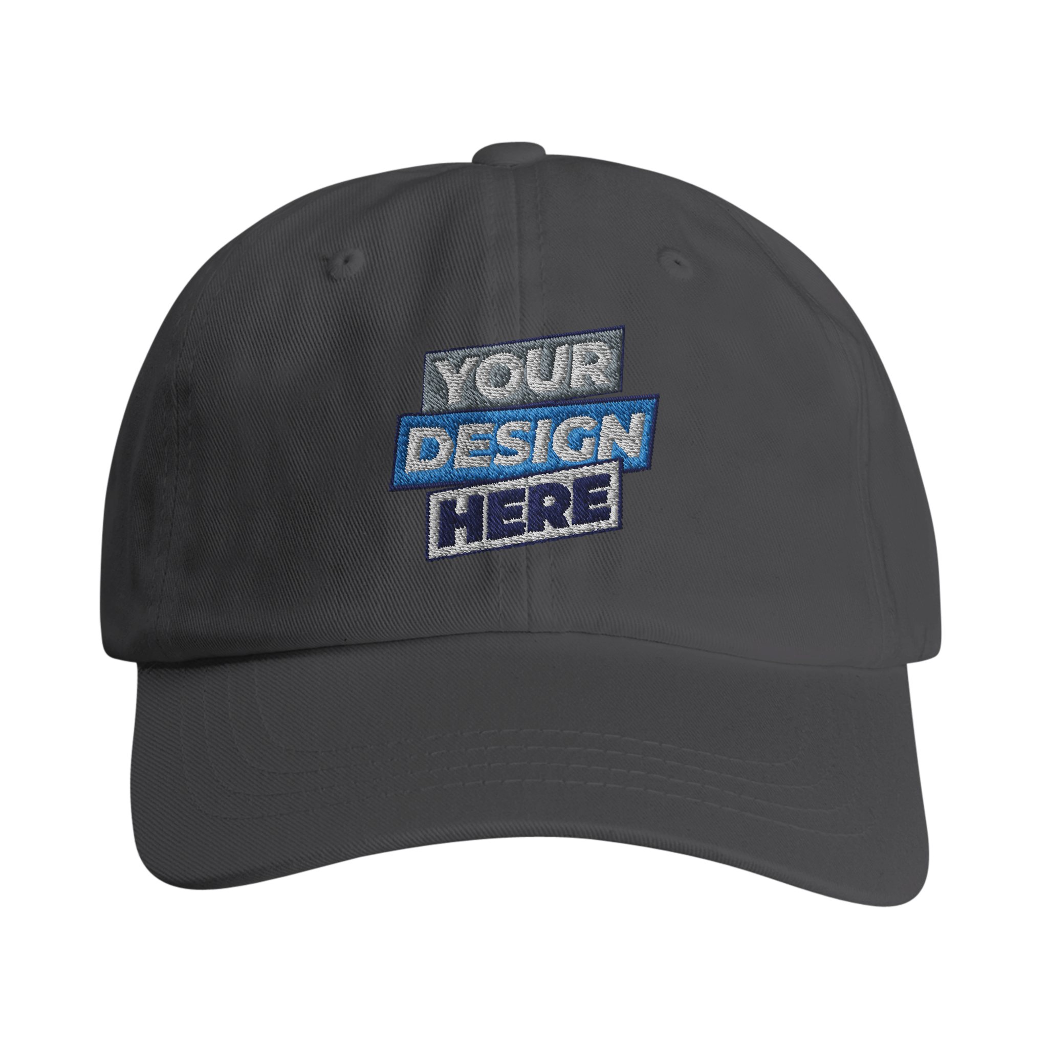 Print on Demand Larnyx Cotton Dad Cap in gray featuring customizable design area, breathable cotton twill, and adjustable antique brass buckle.