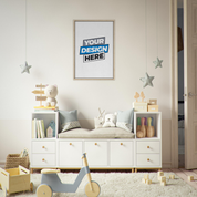 Framed canvas print in child's room with toys, white storage unit, and hanging star decorations, customizable design art piece.