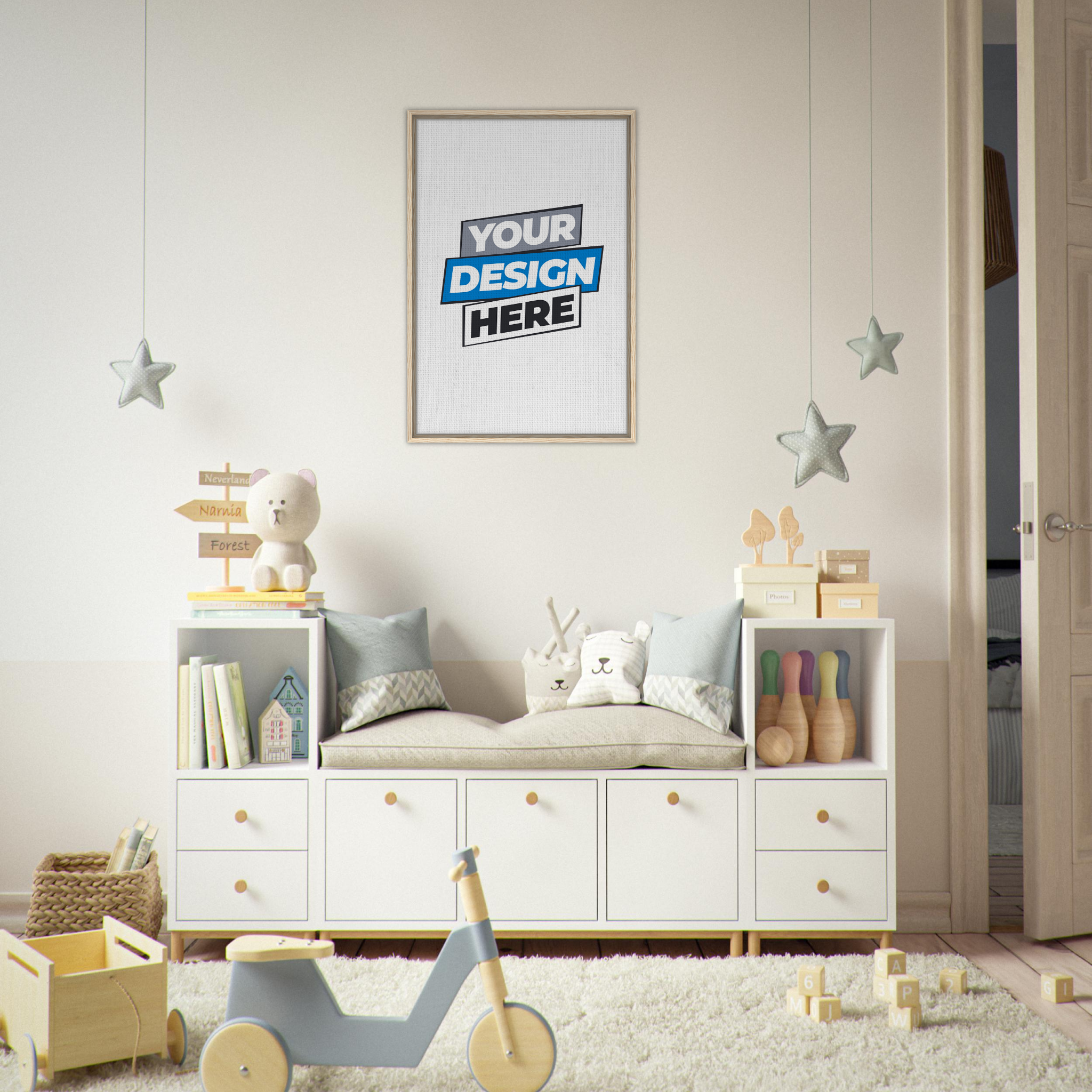 Framed canvas print in child's room with toys, white storage unit, and hanging star decorations, customizable design art piece.