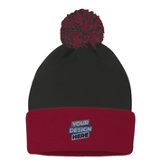 Frolo knit pom beanie with custom design area, black and red, cozy acrylic knit, fold-over cuff, perfect for winter branding.