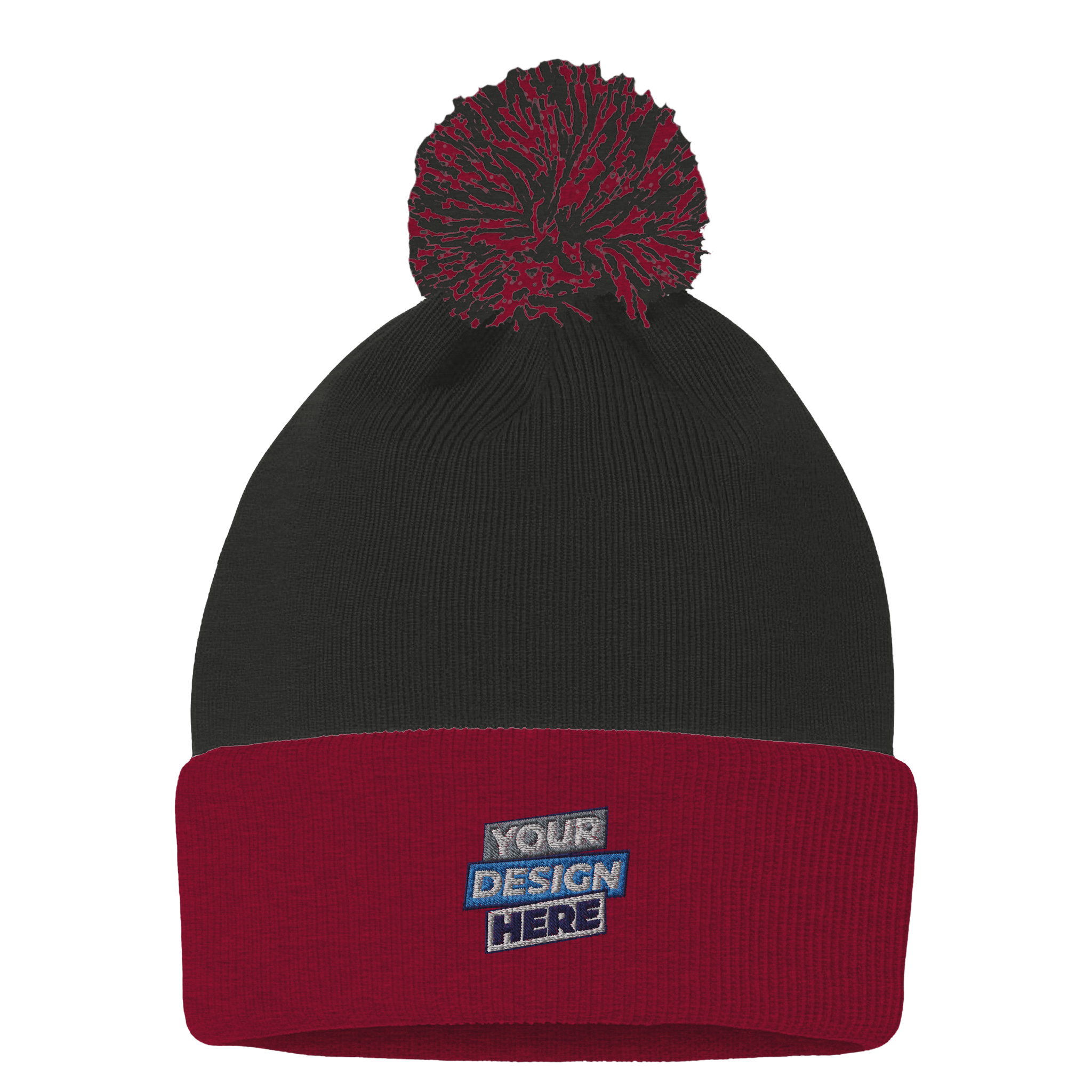 Frolo knit pom beanie with custom design area, black and red, cozy acrylic knit, fold-over cuff, perfect for winter branding.