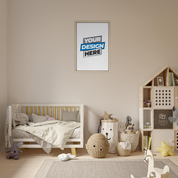 Framed canvas print in beige child’s room, customizable design space, featuring neutral wooden frame, crib, and plush toys.