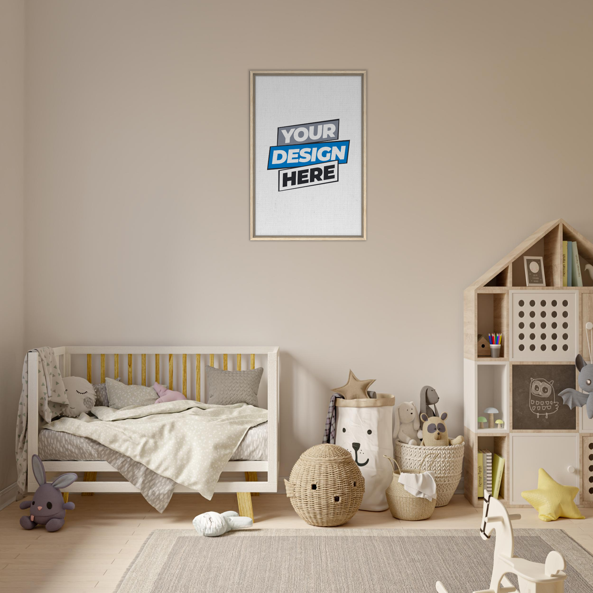 Framed canvas print in beige child’s room, customizable design space, featuring neutral wooden frame, crib, and plush toys.