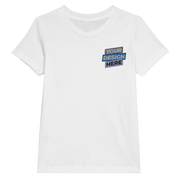 White Tivvi Kids Cotton Tee with "Your Design Here" text, showcasing customizable print-on-demand option, classic crew neck style.