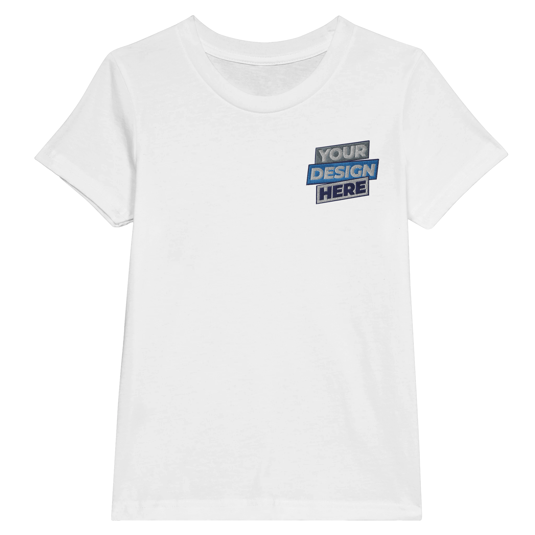 White Tivvi Kids Cotton Tee with "Your Design Here" text, showcasing customizable print-on-demand option, classic crew neck style.