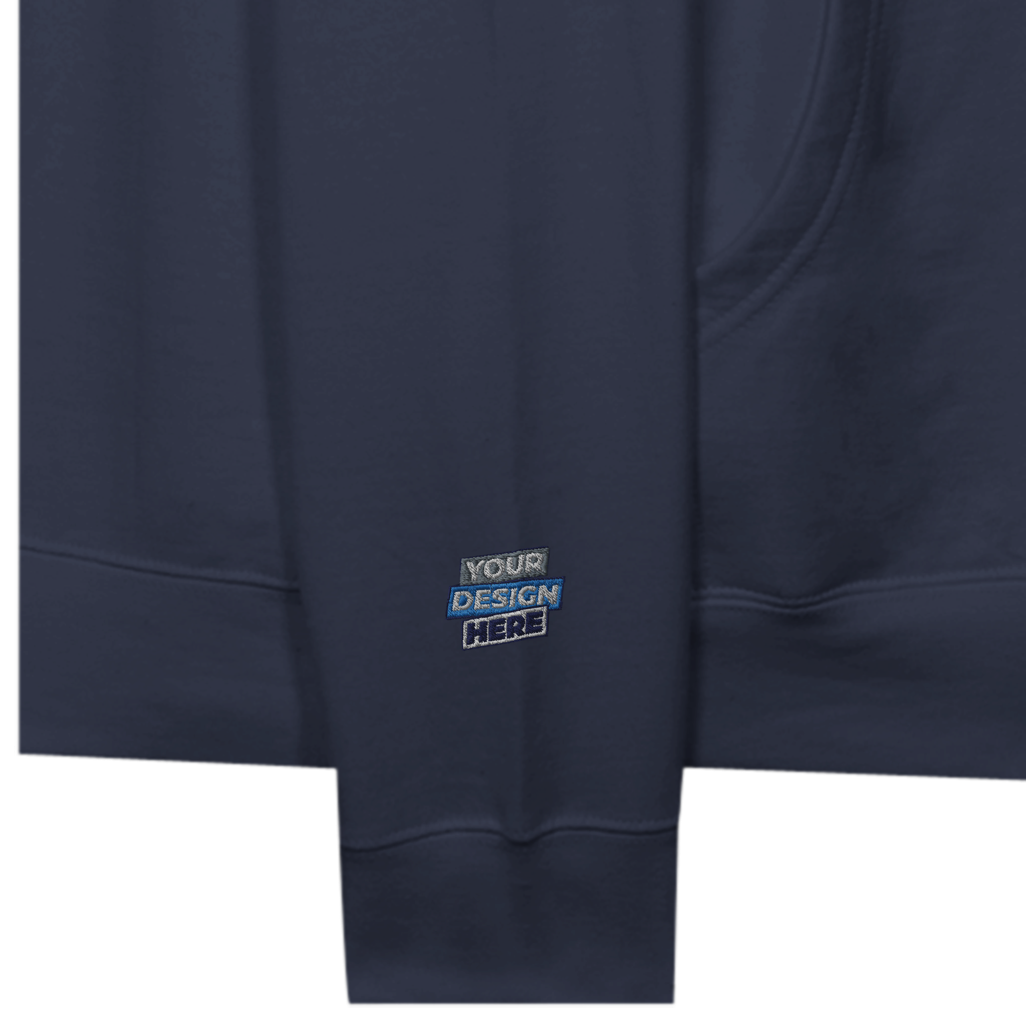 Dark blue pullover hoodie with kangaroo pocket and custom design area