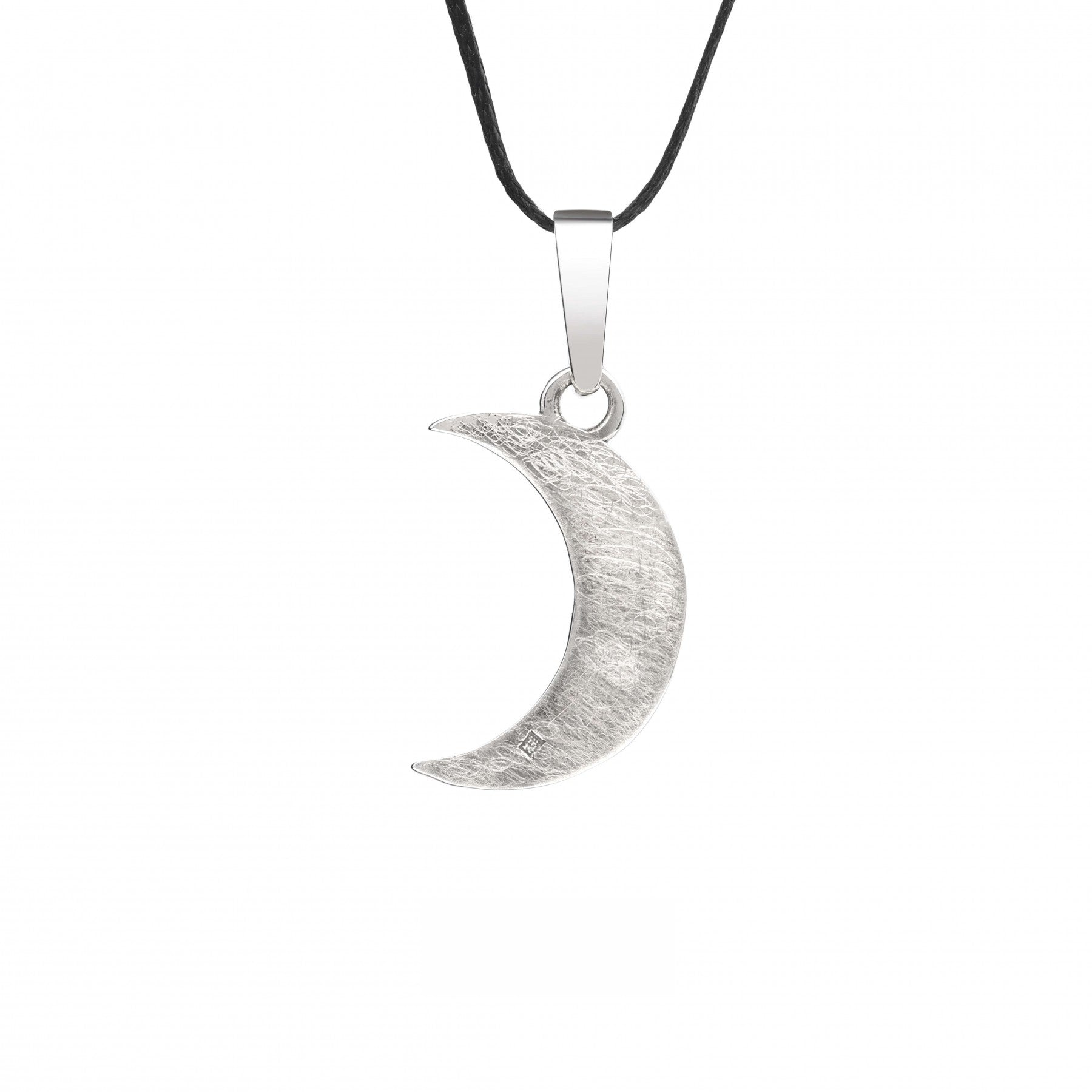 Sterling silver crescent moon pendant on black cord, showcasing artisan craftsmanship and celestial elegance.