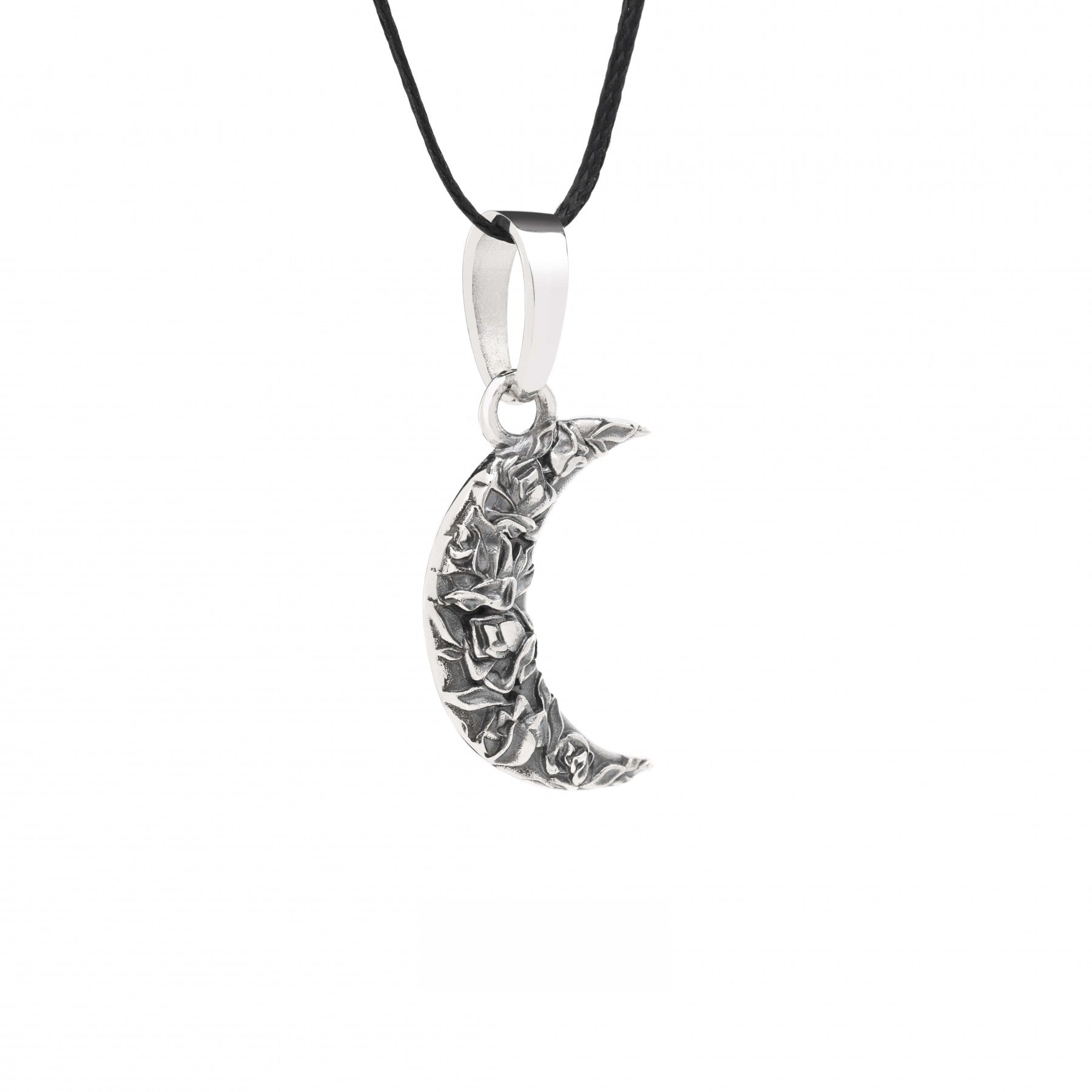 Sterling silver "Moonlit Rose" pendant with crescent moon and delicate rose design on a black cord necklace.