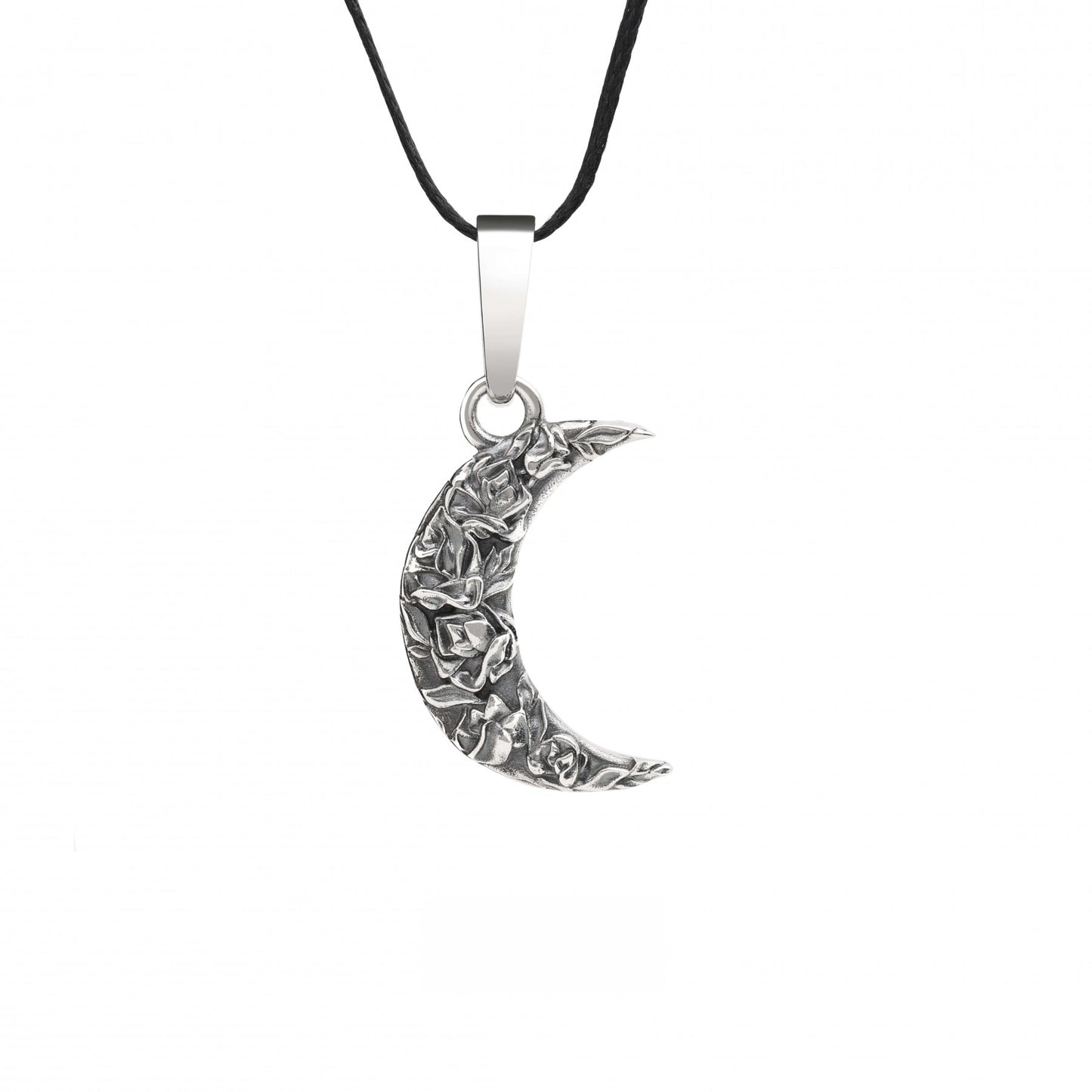 Sterling silver crescent moon pendant with rose details, "Moonlit Rose" design, on black cord necklace.