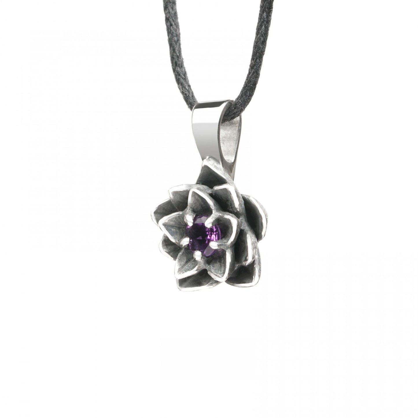 Sterling silver "Blooming Heart" pendant with amethyst, lotus design, symbolizing peace and love, on a black cord.