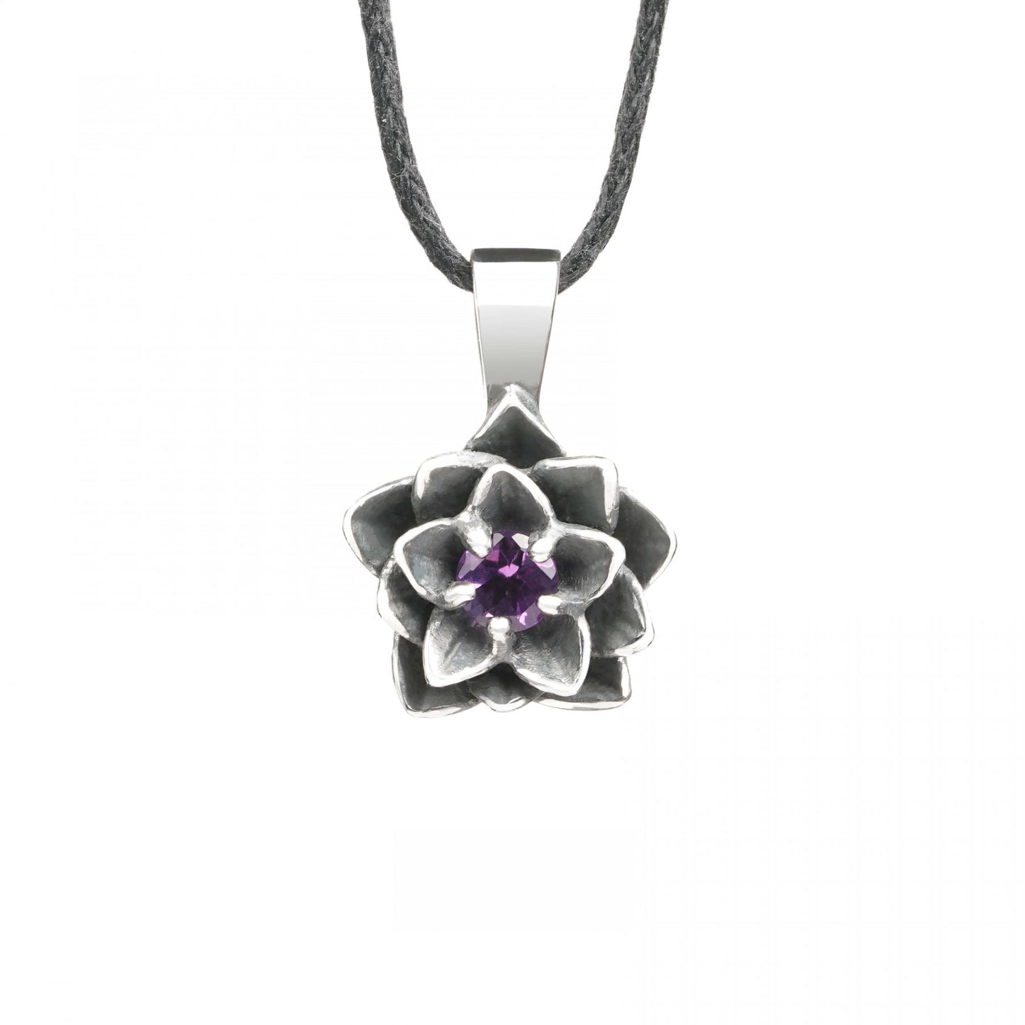 Sterling silver "Blooming Heart" pendant with amethyst, lotus design, symbolizes love and peace, handcrafted jewelry.