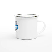 12oz white enamel mug with silver rim, ideal for camping and custom designs. Lightweight, durable construction for outdoor adventures.