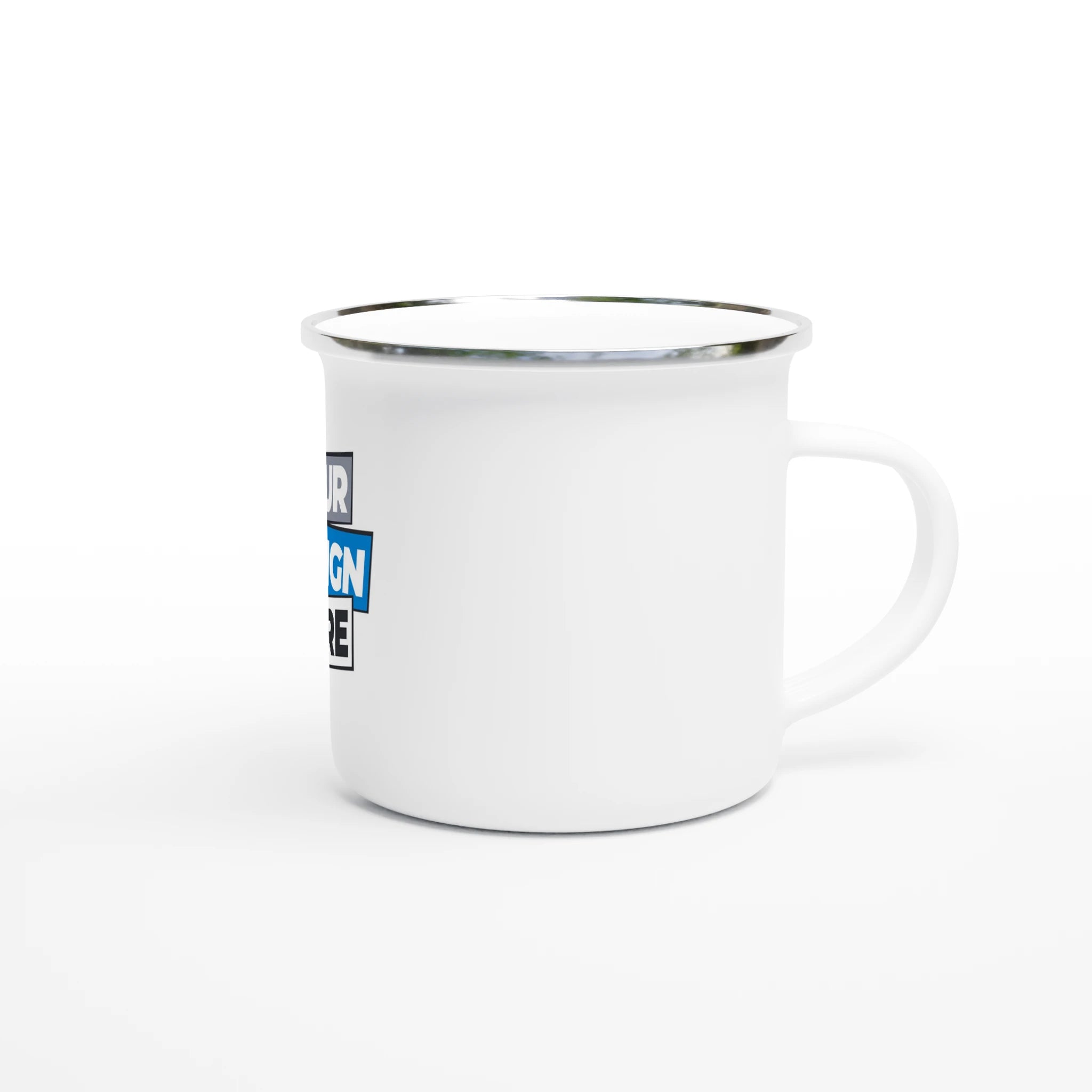 12oz white enamel mug with silver rim, ideal for camping and custom designs. Lightweight, durable construction for outdoor adventures.