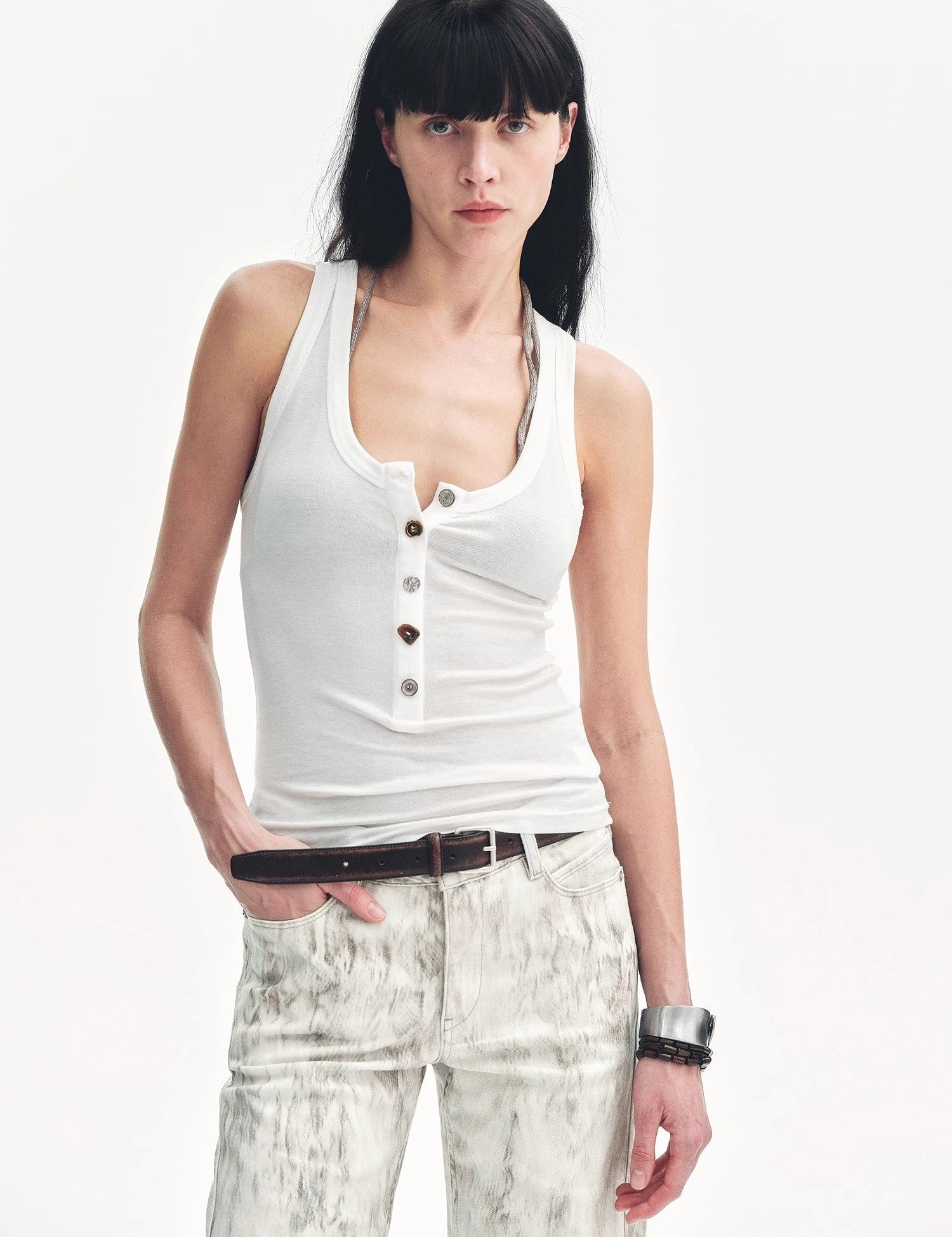 Lureva U-Henley Vest with wide-strapped Henley neckline, showcasing minimalist design and breathable fabric for summer wear.