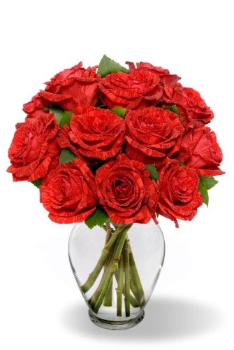 Bouquet of 12 long-stemmed Red Intuition roses in a vase, featuring vibrant striped petals, perfect for weddings and special occasions.