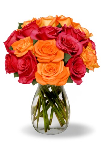 Vibrant bouquet of red and orange roses with green stems in a clear vase, showcasing stunning multicolored blooms.