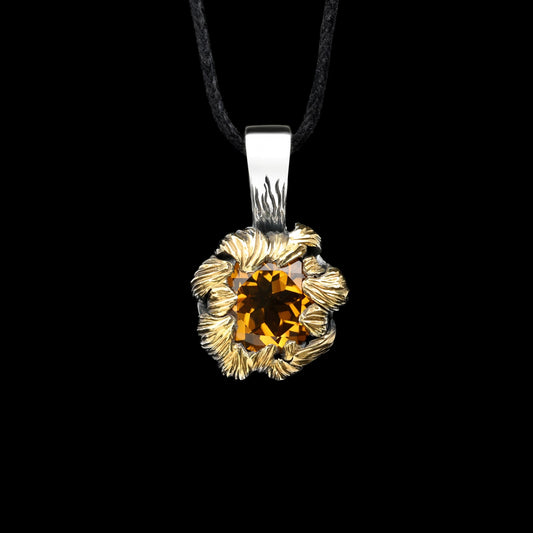 Elegant Golden Bloom Pendant with citrine gemstone and peony-inspired design, handcrafted in oxidized and gilded sterling silver.