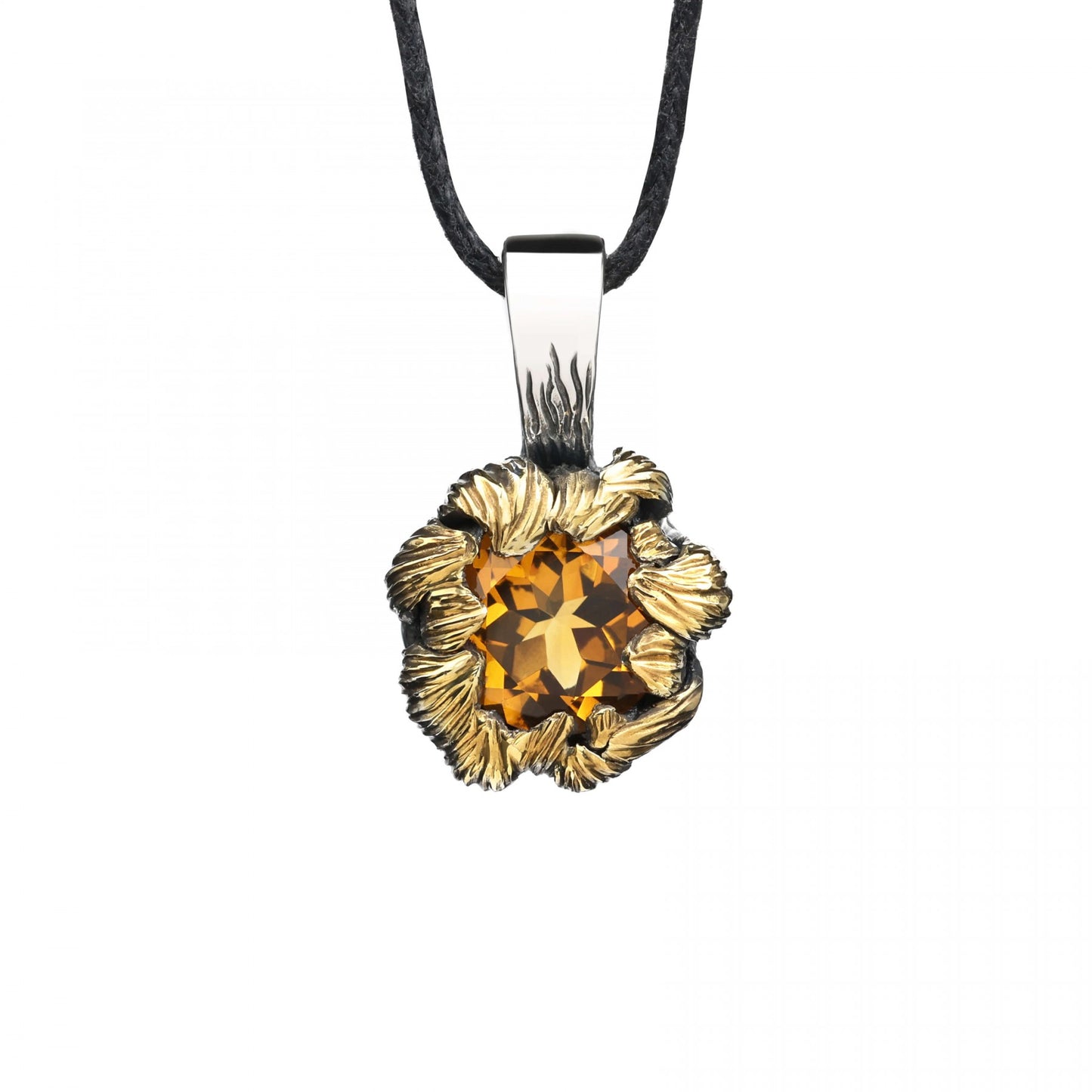 Elegant "Golden Bloom" pendant with citrine gemstone, sterling silver with oxidized and gilded details, inspired by peony petals.