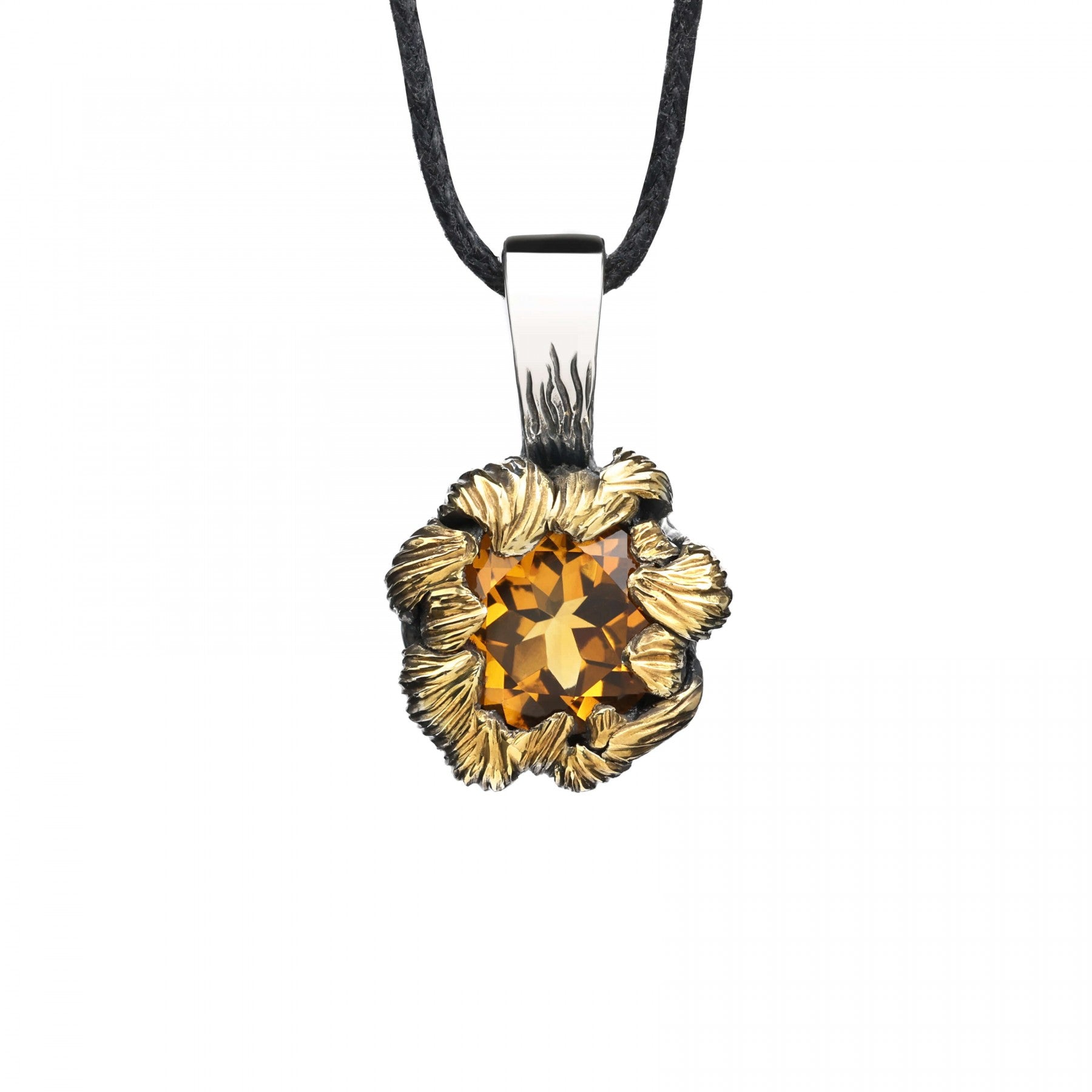 Elegant "Golden Bloom" pendant with citrine gemstone, sterling silver with oxidized and gilded details, inspired by peony petals.